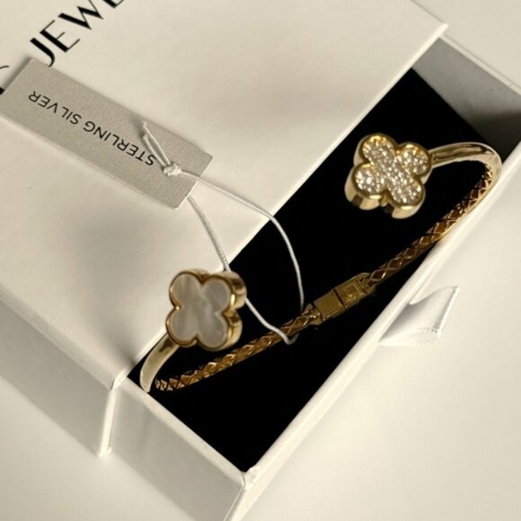 Rachel Zoe Cuff Bracelet Bangle Mother of Pearl 925 Sterling Silver CZ Stone - Picture 3 of 5